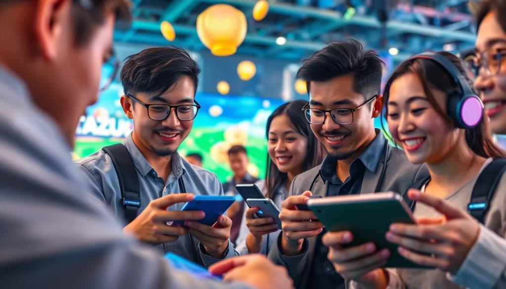 Menggambarkan pemain asyik dengan bolahiu game dalam suasana digital yang ceria.