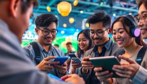 Menggambarkan pemain asyik dengan bolahiu game dalam suasana digital yang ceria.