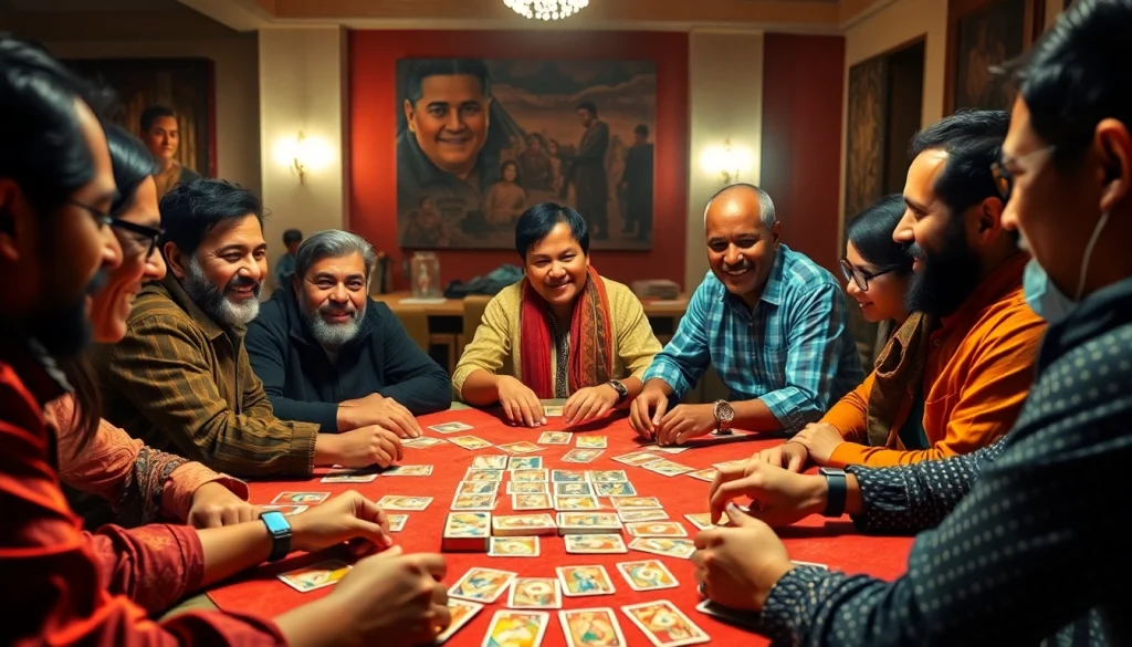 Players enjoying a competitive game of Rummy nabob with cards on the table.