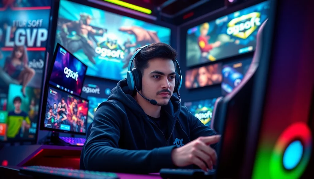Menggambarkan daftar ggsoft game di latar belakang gamer profesional dengan suasana gaming yang dinamis.
