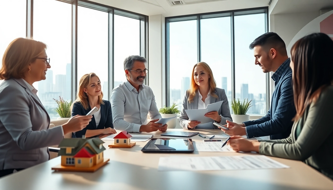 Real Estate agents collaborating over property listings in a bright office space.
