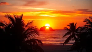 Cabo San Lucas travel sunset over the Arch with tranquil ocean views and palm trees.