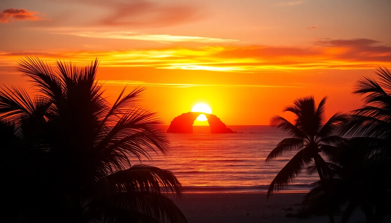 Cabo San Lucas travel sunset over the Arch with tranquil ocean views and palm trees.
