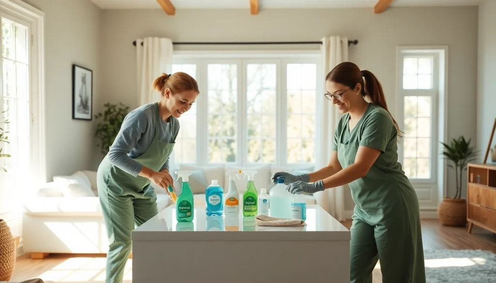 Cleaners at work with eco-friendly products showcased by https://ecocleanellies.com in a bright living room.
