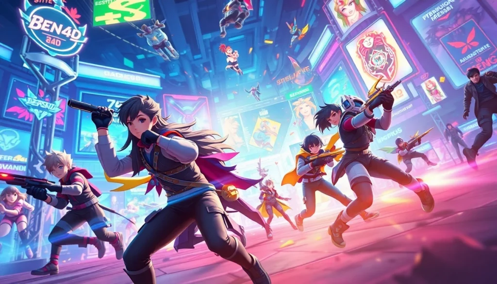 Menggambarkan bensu4d game dengan aksi dinamis dan karakter berwarna-warni di lingkungan bermain yang futuristik.