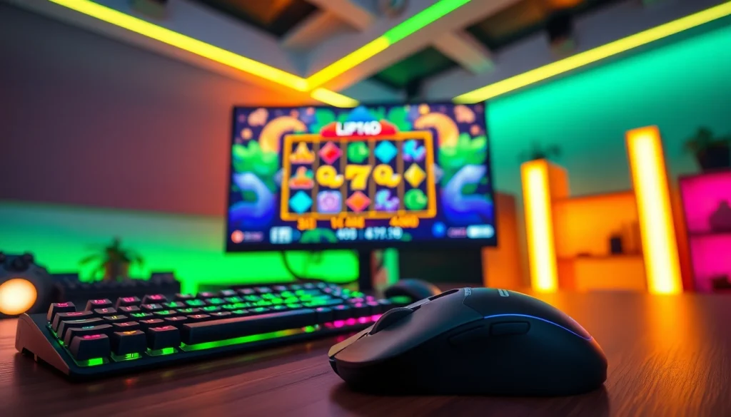 Permainan lipat4d slot yang menarik pada monitor gaming dengan alat peraga yang cerah.