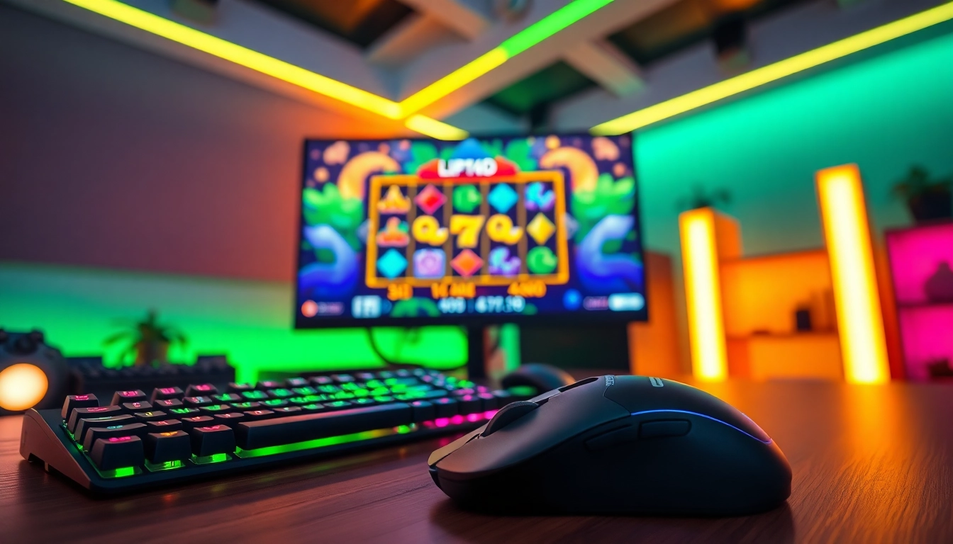 Permainan lipat4d slot yang menarik pada monitor gaming dengan alat peraga yang cerah.