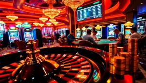 mm88 enhances the thrill of gambling at a vibrant casino featuring roulette, poker chips, and slot machines.