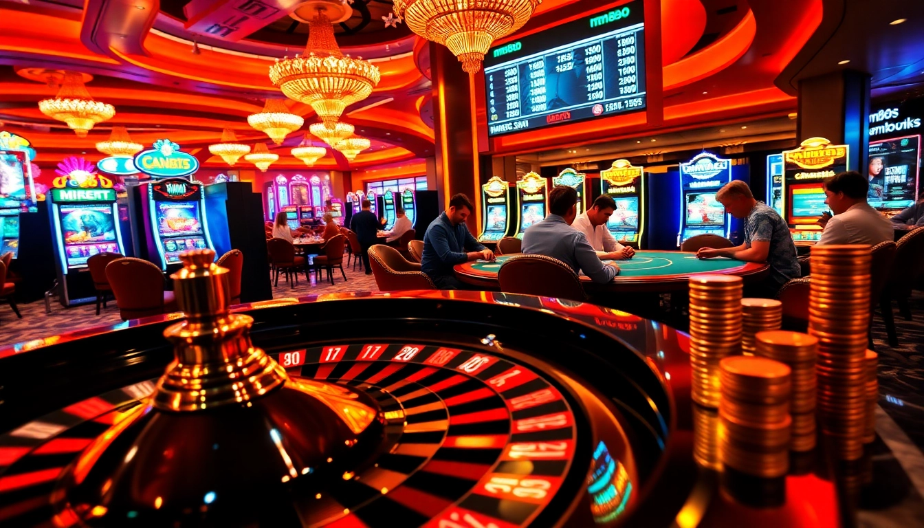 mm88 enhances the thrill of gambling at a vibrant casino featuring roulette, poker chips, and slot machines.