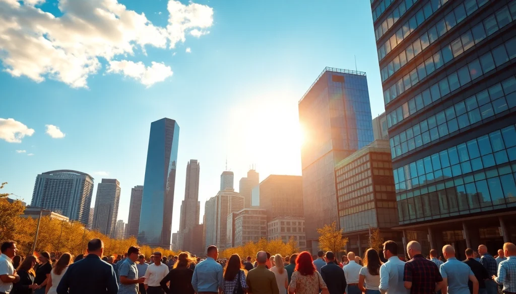 Showcasing the 79king vibrant city skyline with diverse individuals engaging in community.