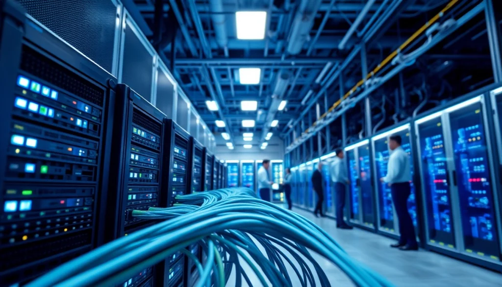 Showcasing NAS & SAN Storage Deployment in a modern data center with professionals engaging with advanced storage systems.