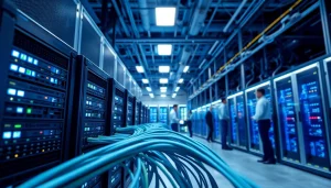 Showcasing NAS & SAN Storage Deployment in a modern data center with professionals engaging with advanced storage systems.