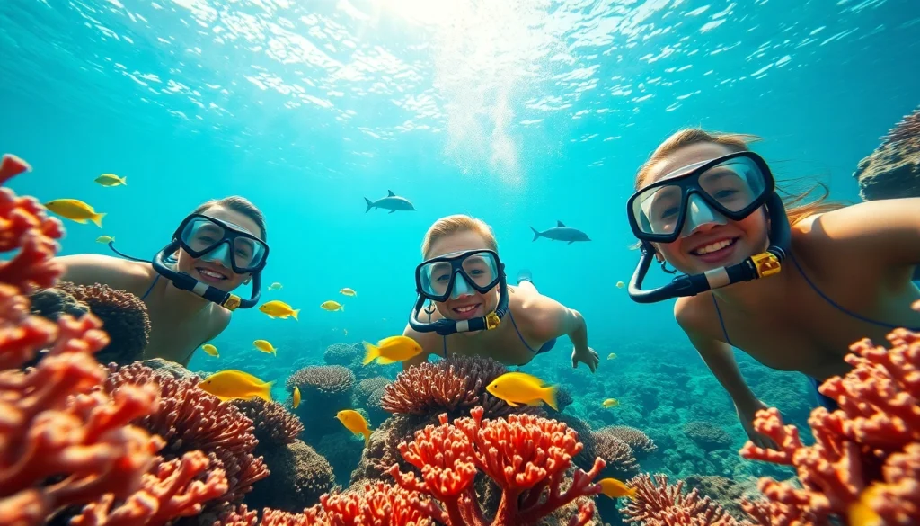 Experience the underwater paradise of https://egypt-snorkeling.com with snorkelers amidst colorful coral reefs and tropical fish.