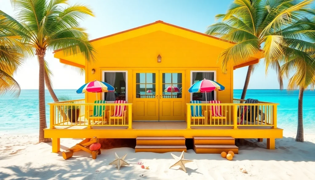 Relaxing coastal cabana with palm trees and beach view, perfect for summer getaways.