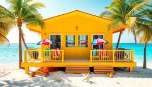 Relaxing coastal cabana with palm trees and beach view, perfect for summer getaways.