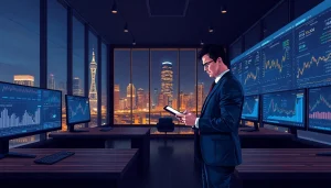 Футуристический финансовый офис с цифровыми дисплеями данных, подчеркивающими доверие и инновации для 79king в 2025 году