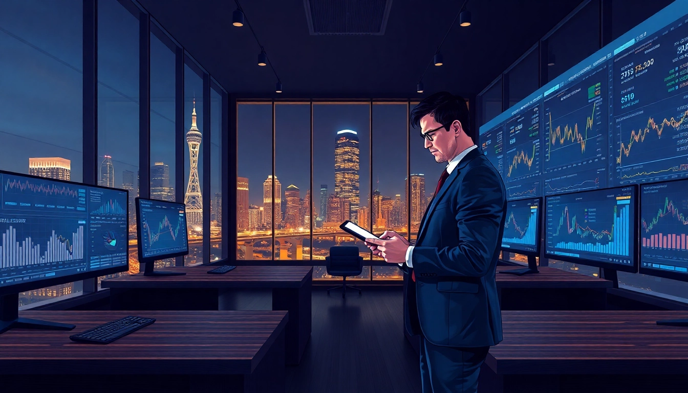 Футуристический финансовый офис с цифровыми дисплеями данных, подчеркивающими доверие и инновации для 79king в 2025 году