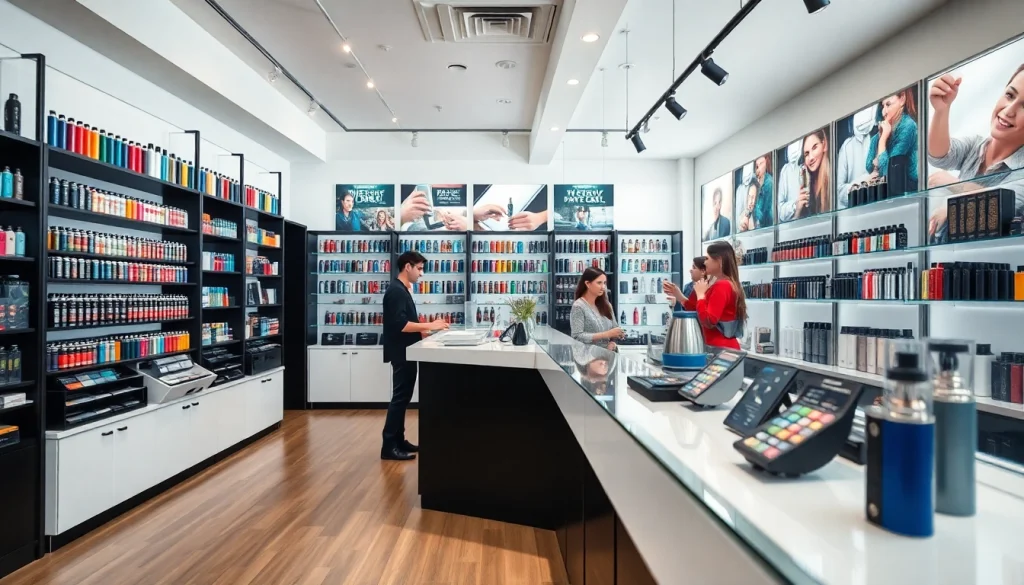 Vap shop with colorful products and knowledgeable staff assisting customers.