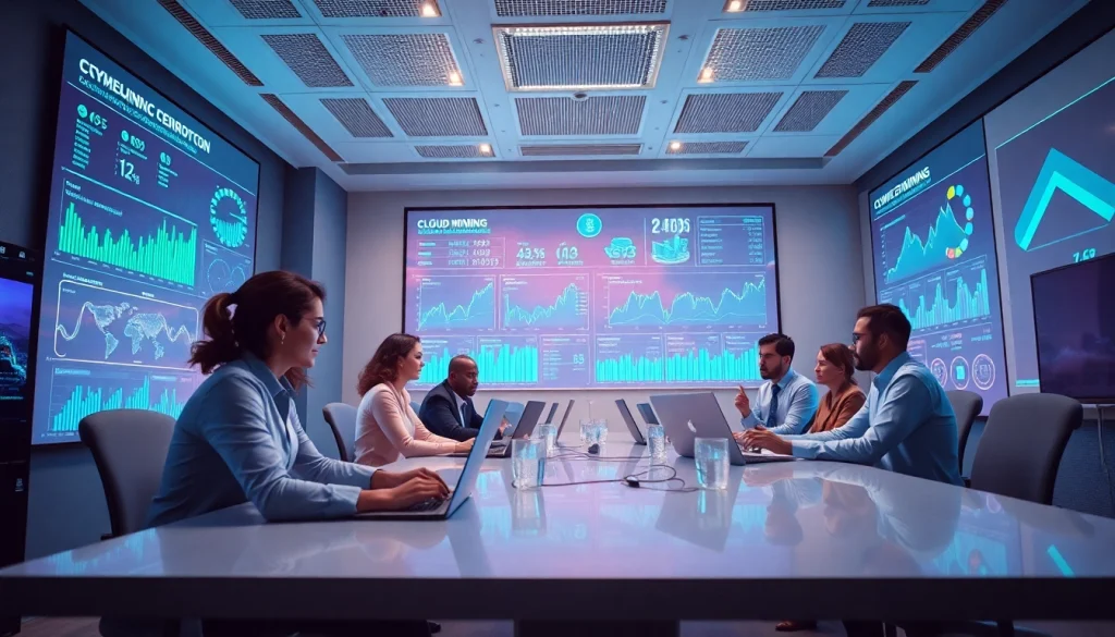 Dynamic cloud mining strategy session showcasing innovative technology and teamwork.