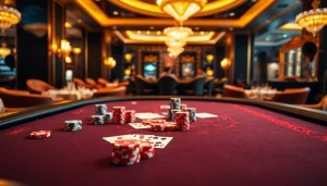 Menggambarkan suasana kasinojitu dengan meja permainan elegan yang ramai dan penuh semangat.