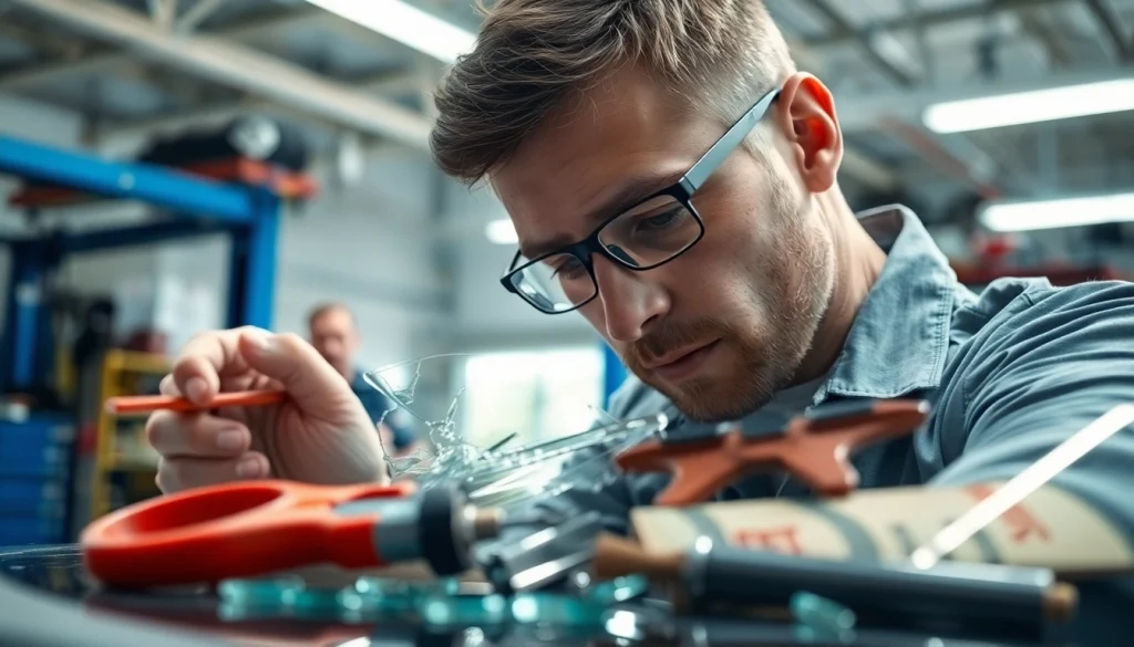 Car window repair Northglenn technician inspecting a windshield for quality repair.
