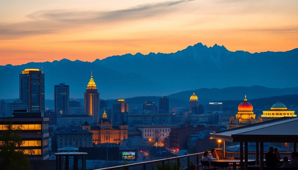 Discover the vibrant skyline of Almaty at dusk, featuring https://albmaftoh.com amidst the city's lively atmosphere.