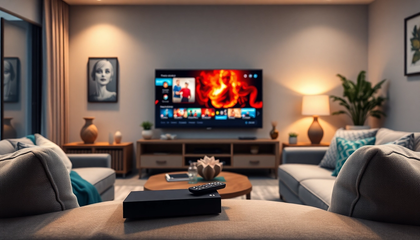 Compra de IPTV en un moderno hogar con una pantalla mostrando contenido vibrante.