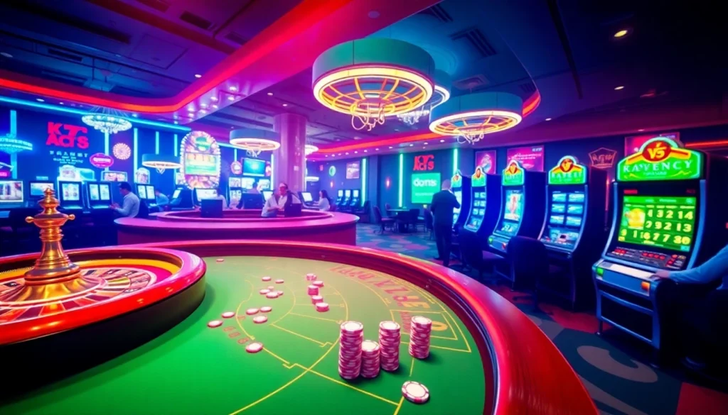 KJC AC 1 casino scene with poker players, roulette wheel, and slot machines.