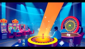 Dynamic casino floor featuring KJC AC 1 branding, with players at tables, and exciting gaming activities.