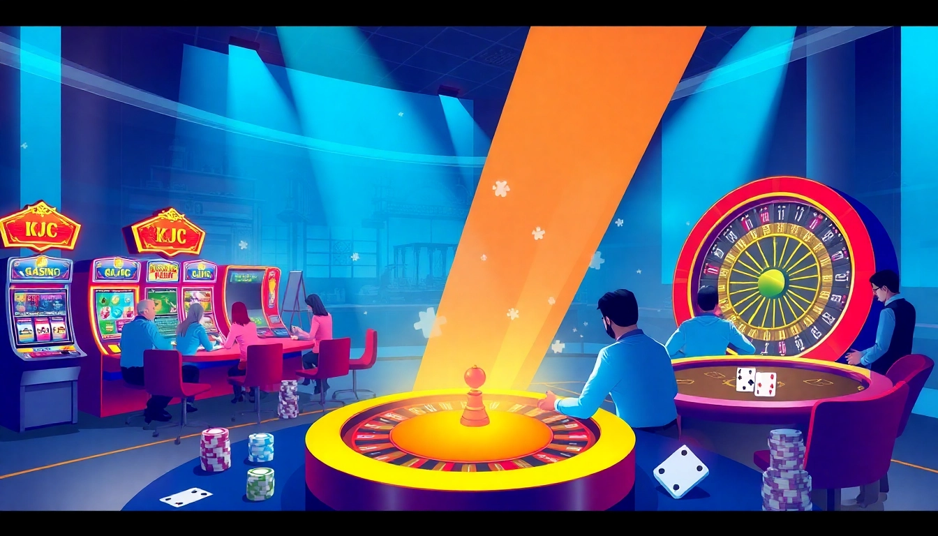 Dynamic casino floor featuring KJC AC 1 branding, with players at tables, and exciting gaming activities.