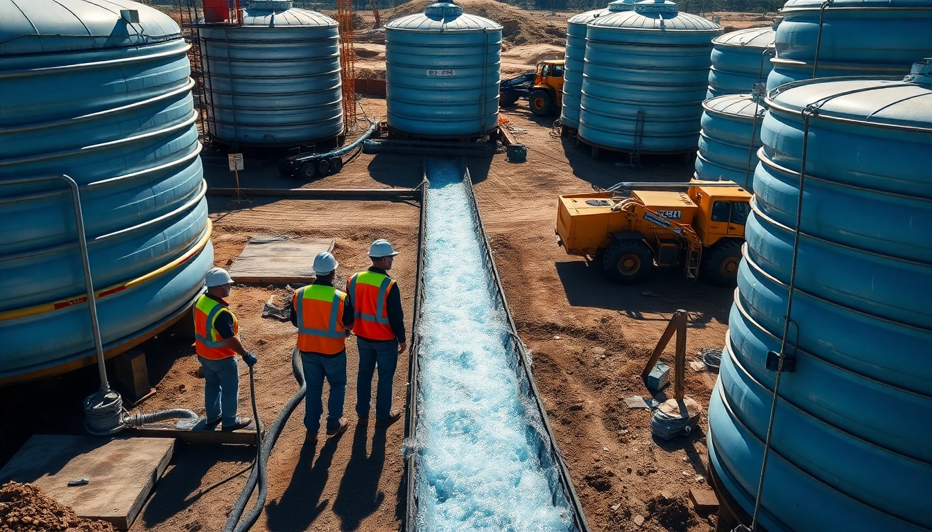 Workers facilitating efficient industrial water transfer services at a construction site with tanks and machinery.