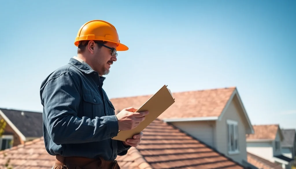 Roofer assessing shingles for Twin Shield Roofing services in a sunny neighborhood.