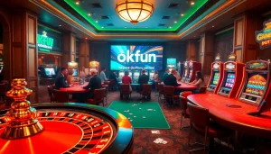 Explore thrilling gameplay at https://okfun.center/ featuring dynamic casino tables, vibrant slot machines, and an electrifying roulette atmosphere.