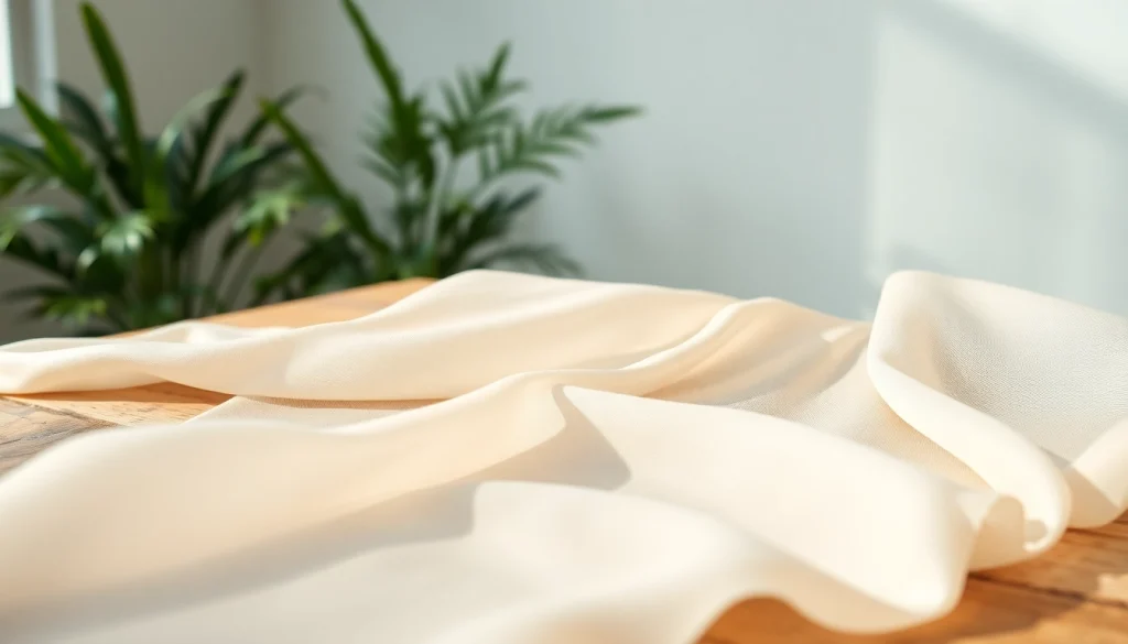 Mousseline stof met delicate lagen op een rustieke houten tafel, belicht door natuurlijk zonlicht.