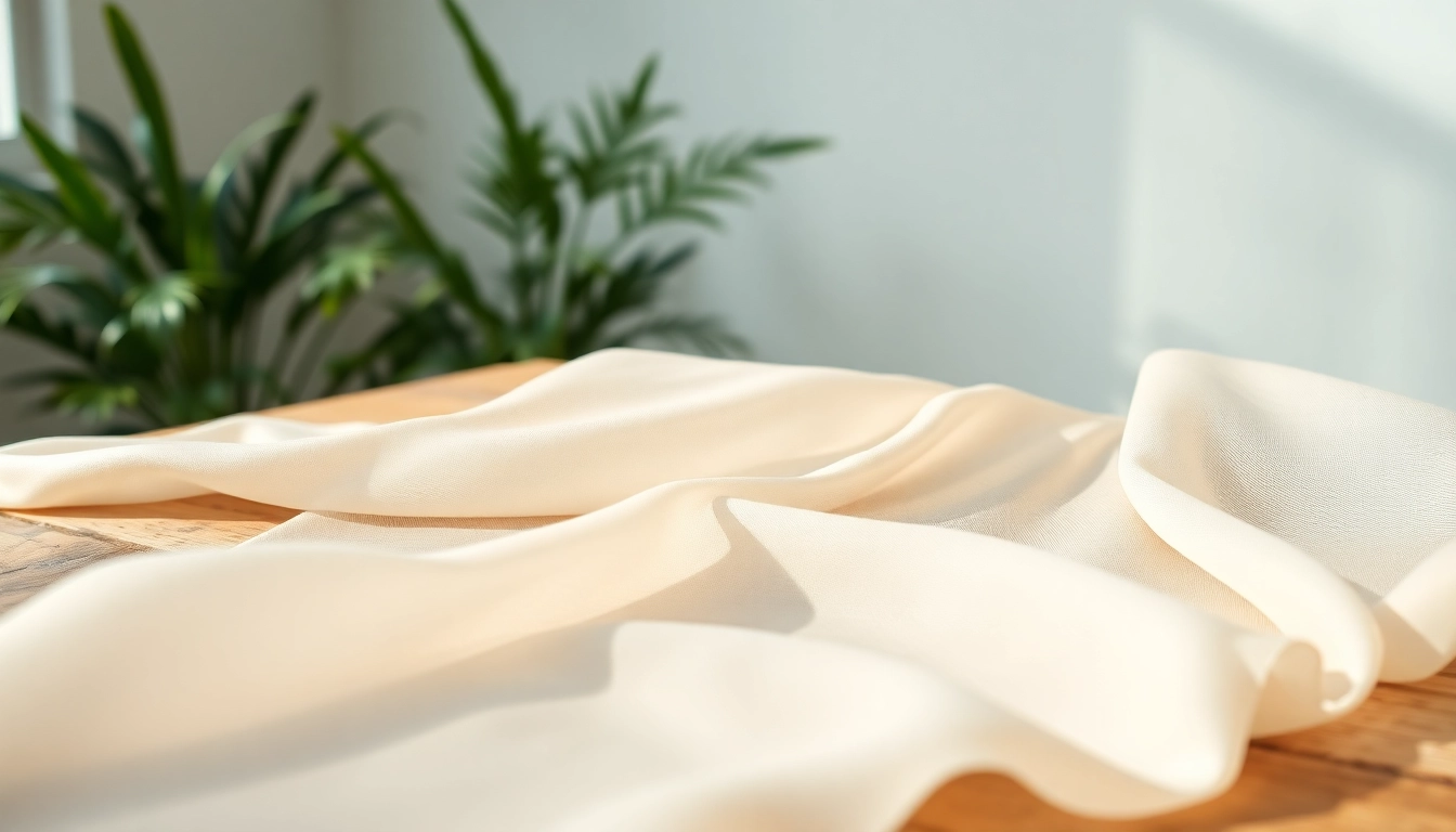 Mousseline stof met delicate lagen op een rustieke houten tafel, belicht door natuurlijk zonlicht.