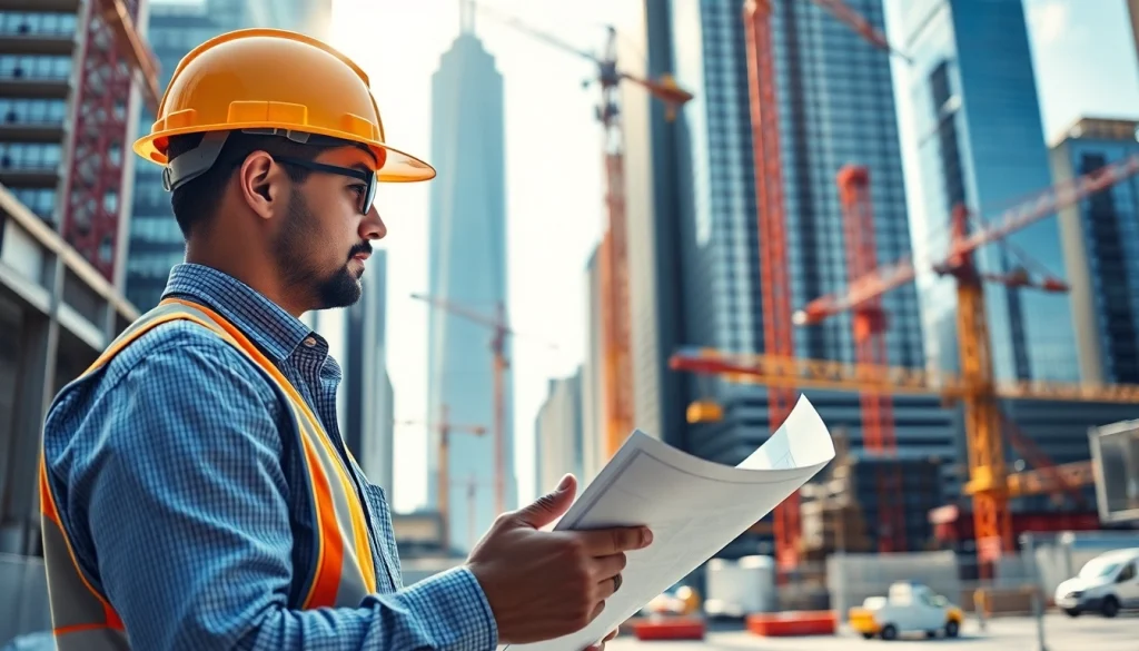 New York City Construction Manager reviewing plans at a bustling construction site.
