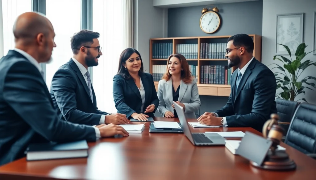 Consultative meeting on https://www.ihavealawsuit.com with diverse lawyers in a modern office.