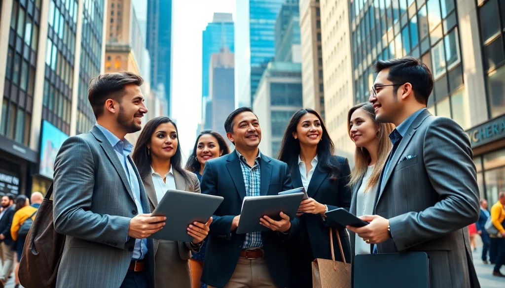 Job seekers networking amidst vibrant city life in jobs new york.