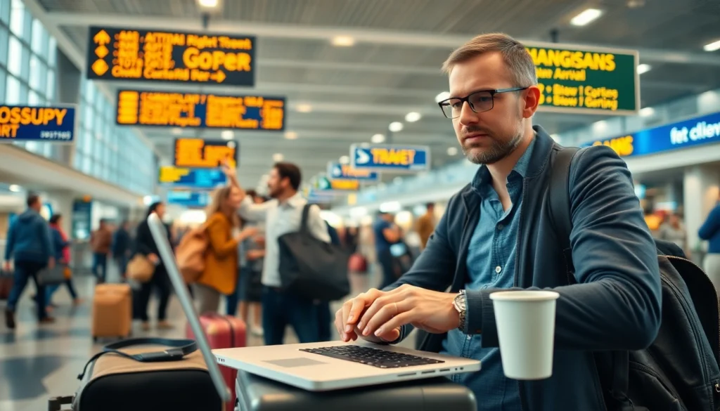 Engaging scene of collaboration at the airport featuring https://travelingossip.com in action with travelers and journalists.
