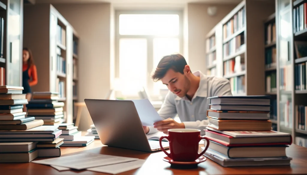 Redactare lucrare licenta într-o bibliotecă primitoare cu cărți și laptop.