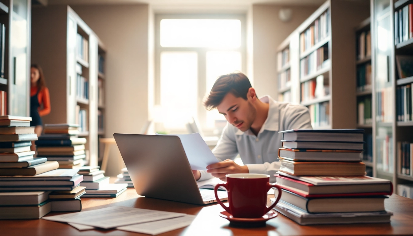 Redactare lucrare licenta într-o bibliotecă primitoare cu cărți și laptop.