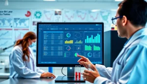 Laborinformationssystem LIS in einem modernen Laborumfeld, während Wissenschaftler mit der Software interagieren.