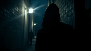 Thrilling scene of suspense featuring a shadowy figure lit by a flickering light