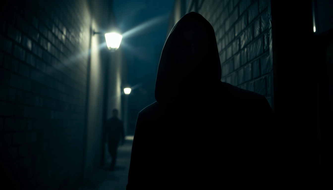 Thrilling scene of suspense featuring a shadowy figure lit by a flickering light