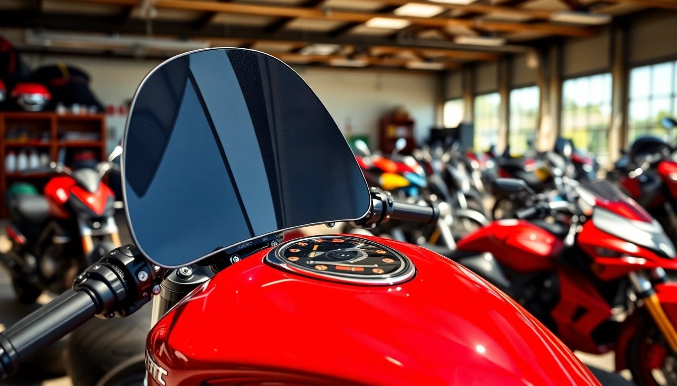 Showcase motorcycle screens in a bright garage with vibrant motorcycle backdrops.
