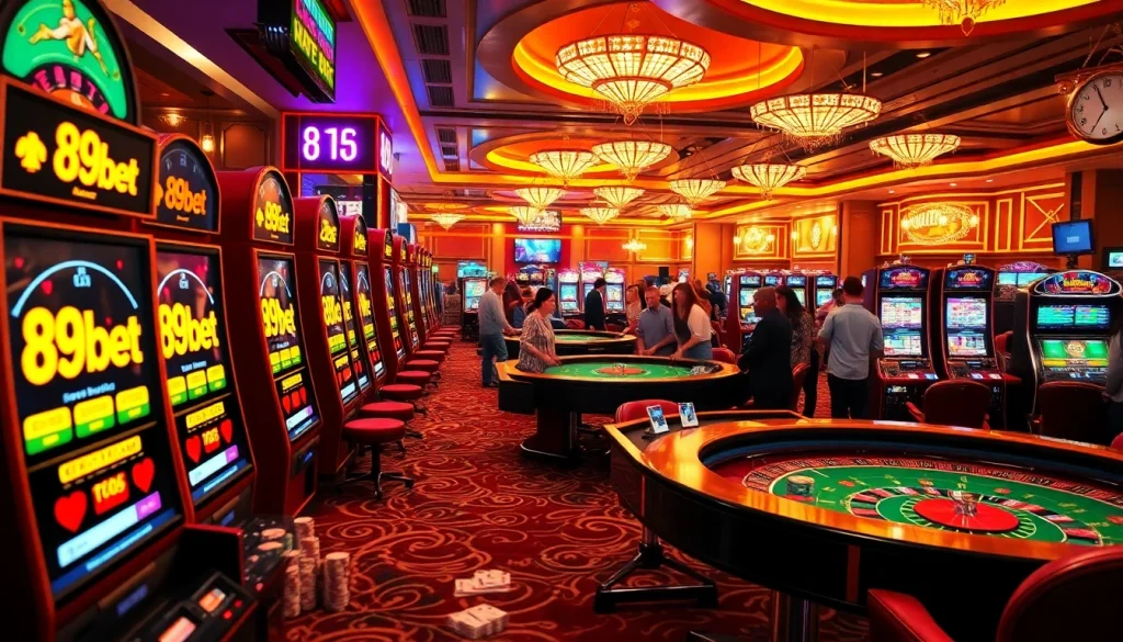 Experience the thrilling action of 89bet with vibrant tables filled with poker chips and dynamic slot machines.