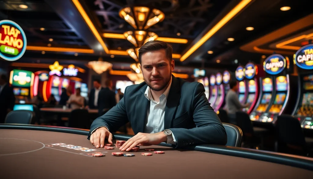 Menggambarkan sayaptogel dengan seorang penjudi di kasino, penuh semangat dan aksi.