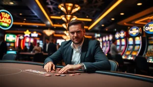 Menggambarkan sayaptogel dengan seorang penjudi di kasino, penuh semangat dan aksi.