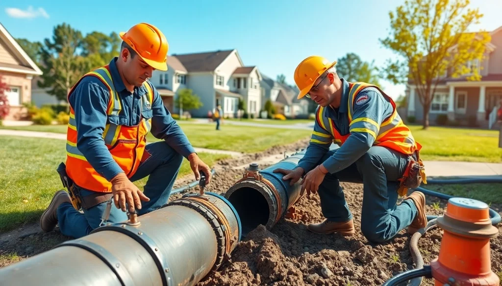 Technicians conducting sewer repair raleigh with tools in a suburban neighborhood.