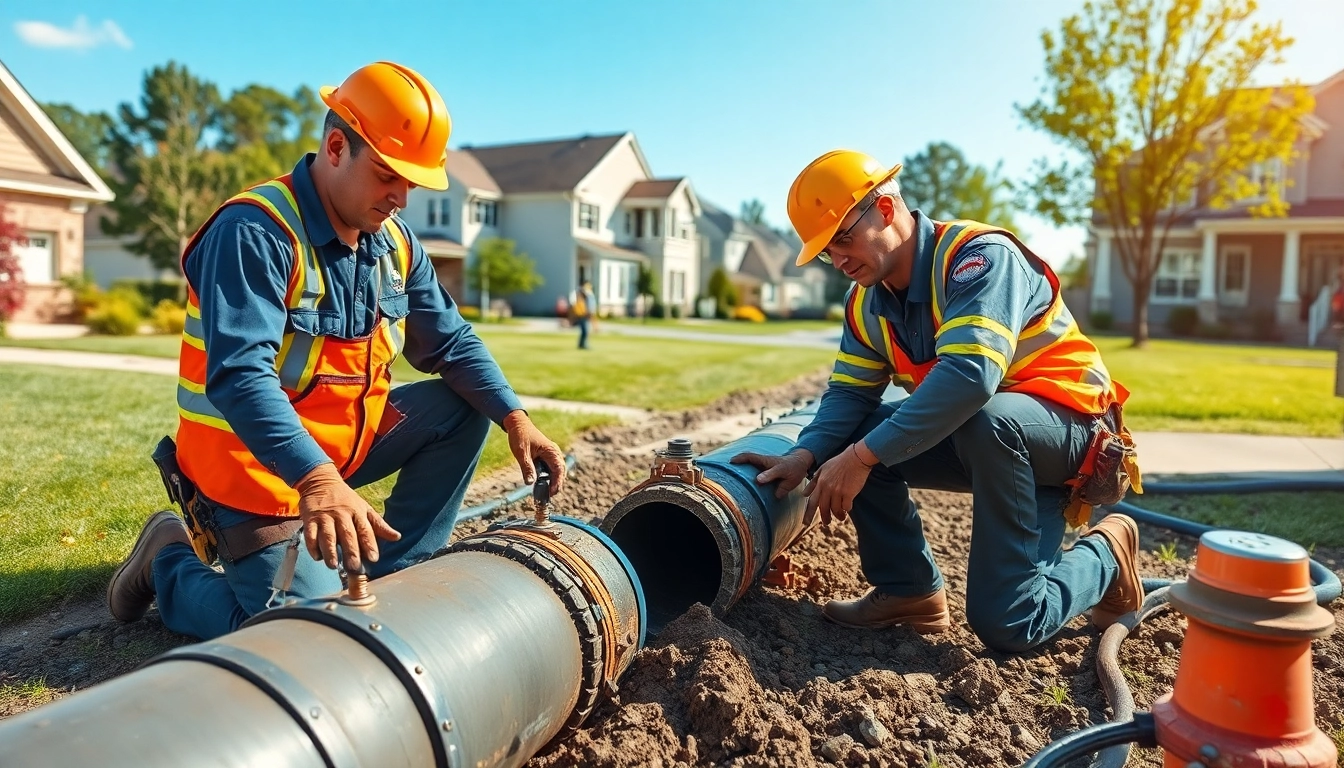 Technicians conducting sewer repair raleigh with tools in a suburban neighborhood.